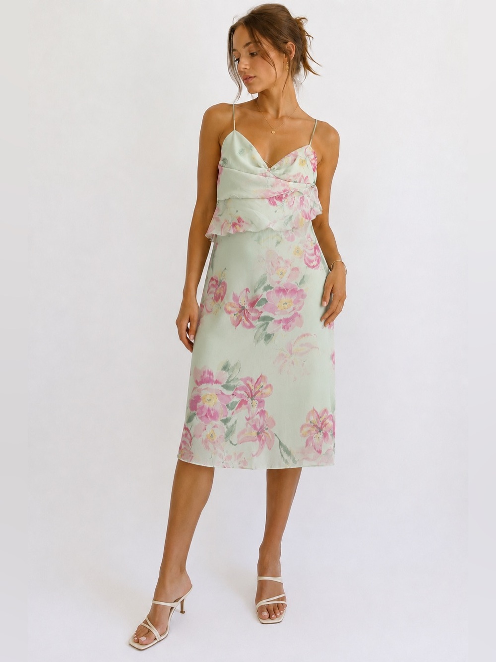Valentino Roma Floral Chiffon Ruffle Slip Dress XS 32 A Pastel Mint Pink